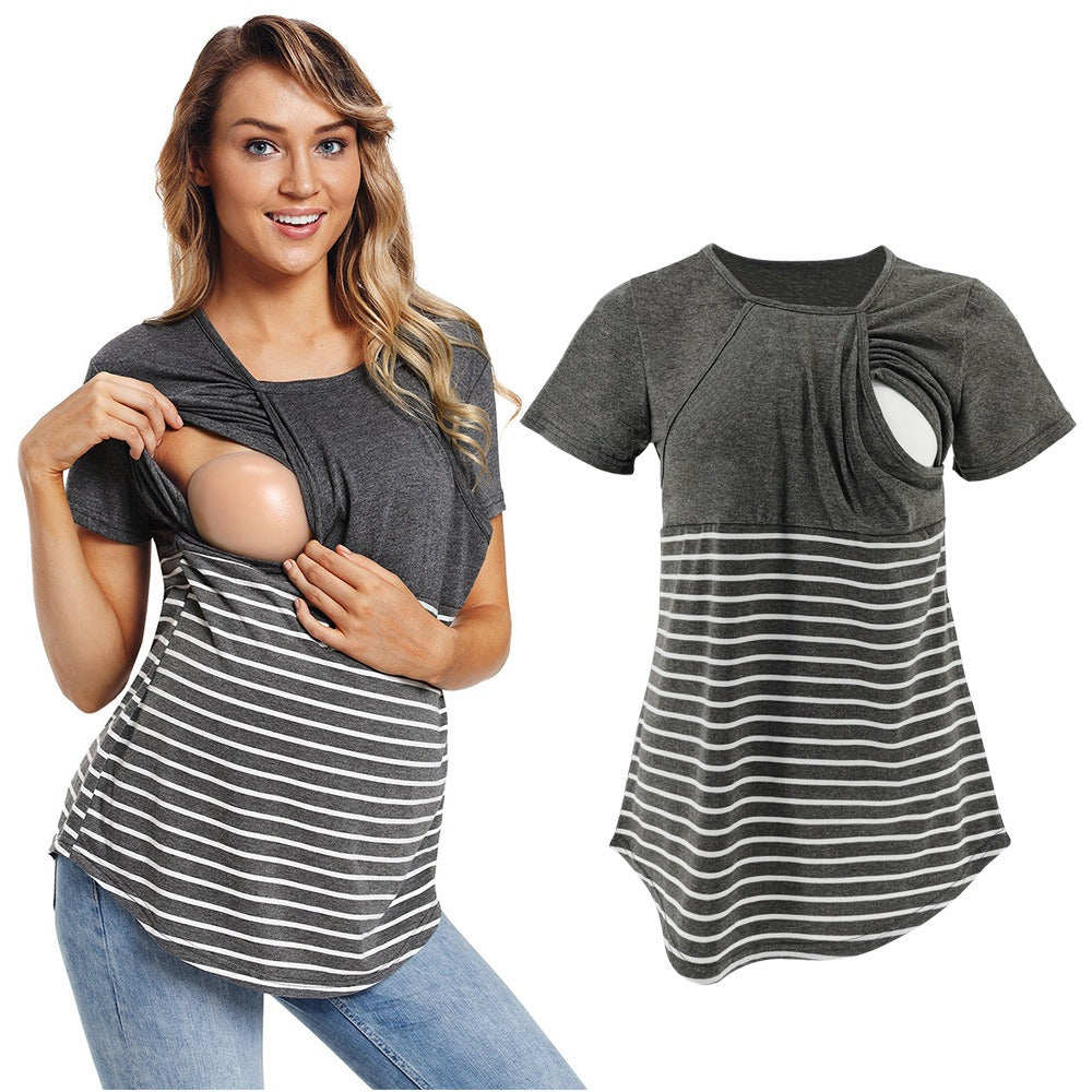 European and American fashion round neck short sleeved breastfeeding T-shirt with striped patchwork parent-child maternity wear