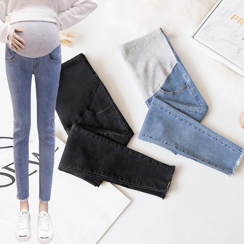 Pregnant women's denim cropped pants, pregnant women's underbelly jeans, casual leggings for external wear, maternity clothing