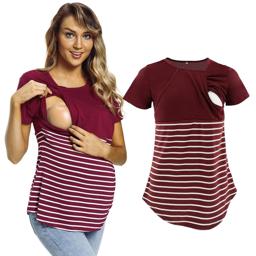 European and American fashion round neck short sleeved breastfeeding T-shirt with striped patchwork parent-child maternity wear