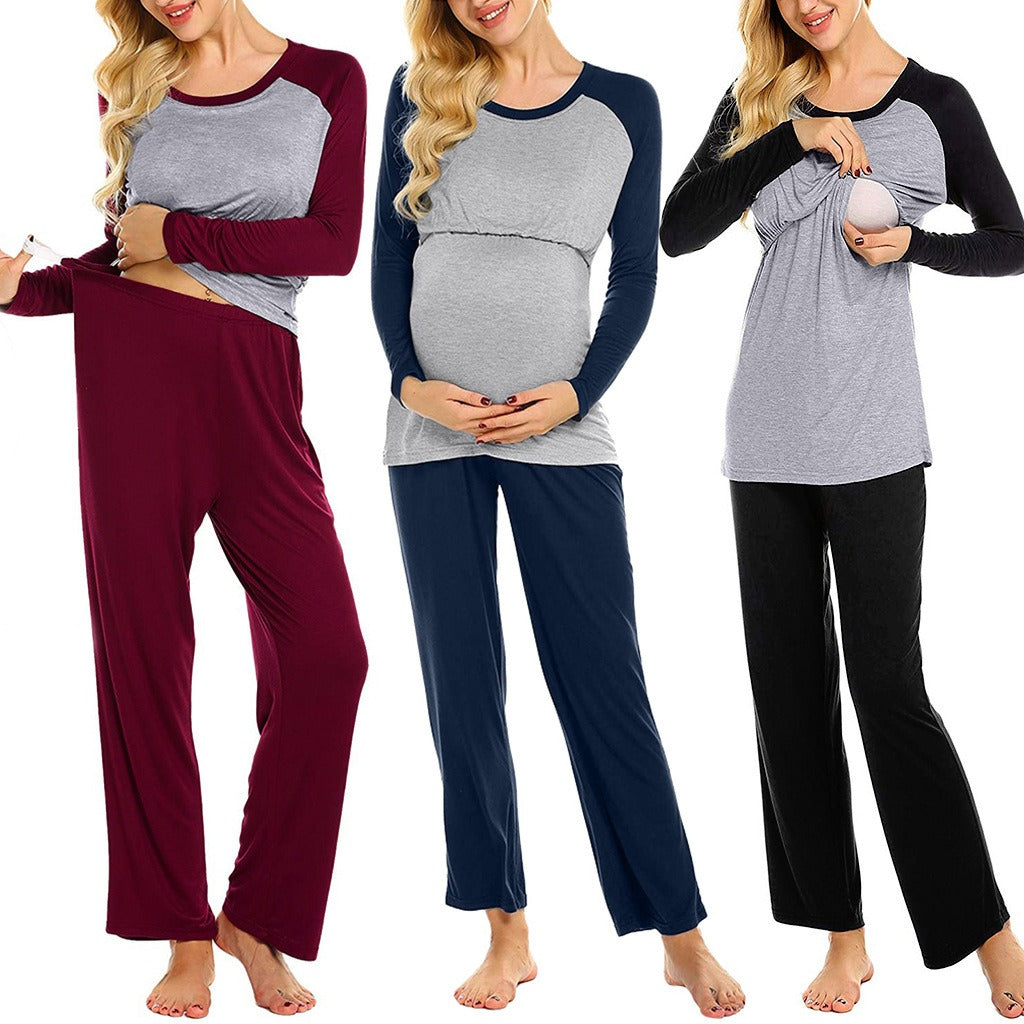 European and American soft and comfortable color matching maternity home clothing, nursing long sleeved pants set