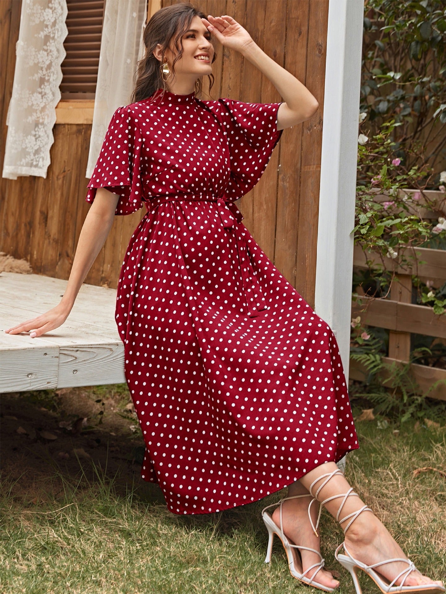 Fashionable and comfortable short sleeved polka dot chiffon maternity dress with straps