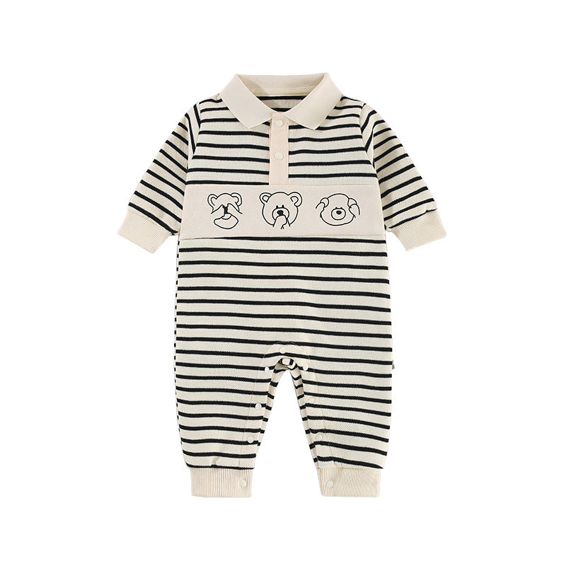 Baby Clothes Spring And Autumn New Boy Baby Clothes Striped Bear Newborn Clothes Lapel Baby Onesie