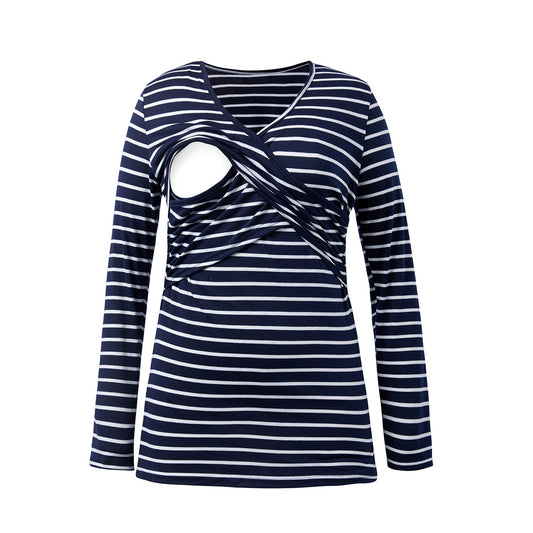 Autumn new V-neck long sleeved striped maternity postpartum clothing breastfeeding T-shirt