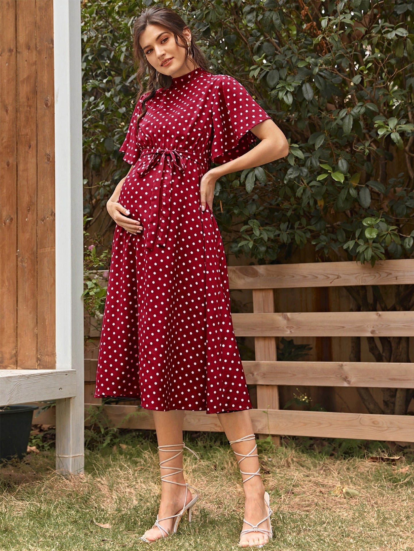 Fashionable and comfortable short sleeved polka dot chiffon maternity dress with straps