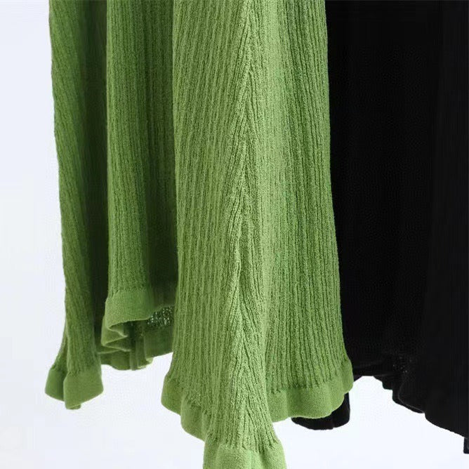 Lotus leaf edge lace U-neck knitted dress long skirt without sleeves long vest skirt knitted skirt