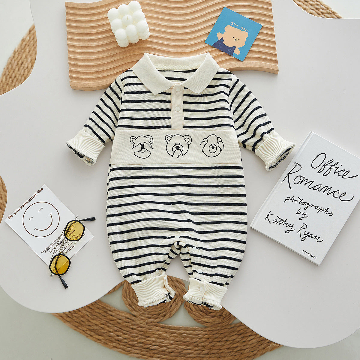 Baby Clothes Spring And Autumn New Boy Baby Clothes Striped Bear Newborn Clothes Lapel Baby Onesie