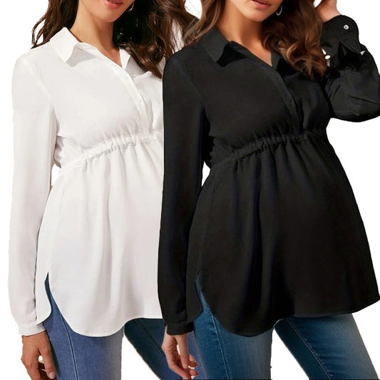 Fashionable solid color V-neck long sleeved maternity shirt