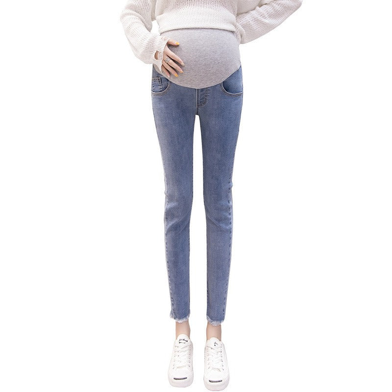 Pregnant women's denim cropped pants, pregnant women's underbelly jeans, casual leggings for external wear, maternity clothing