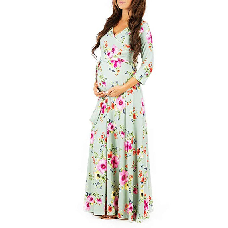 Cross deep V-neck waistband, waist cinched, 3/4 sleeves, floor mopping maternity dress, long dress