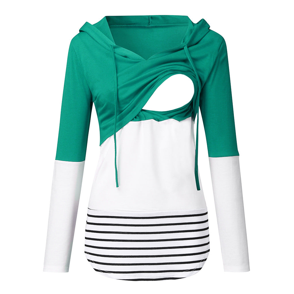 Maternity Autumn and Winter Colorblock Long Sleeve Hooded Nursing Jacket