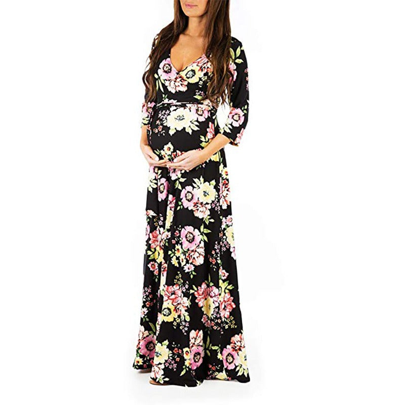 Cross deep V-neck waistband, waist cinched, 3/4 sleeves, floor mopping maternity dress, long dress