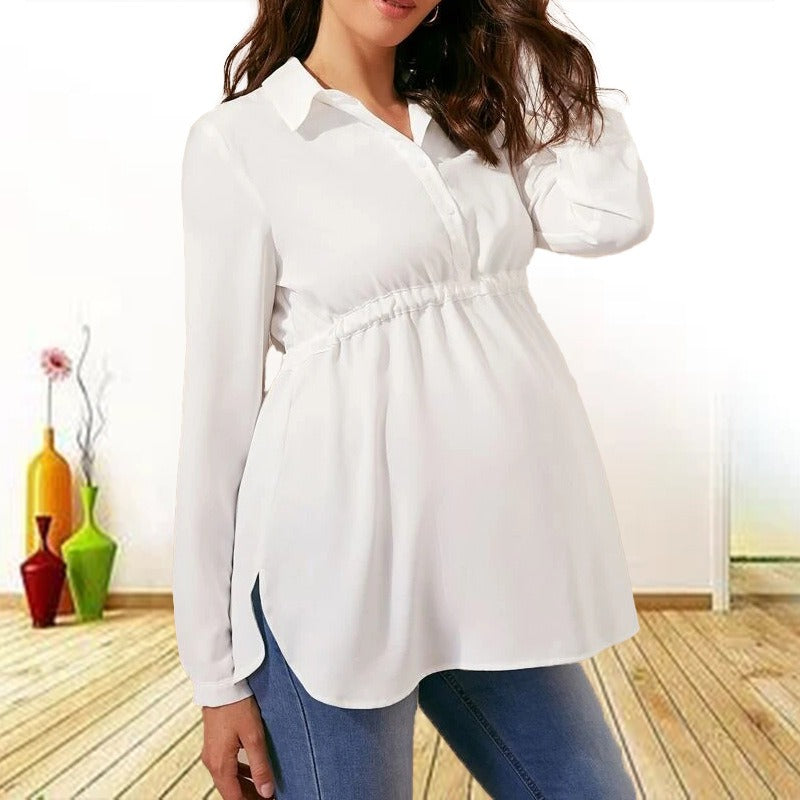 Fashionable solid color V-neck long sleeved maternity shirt