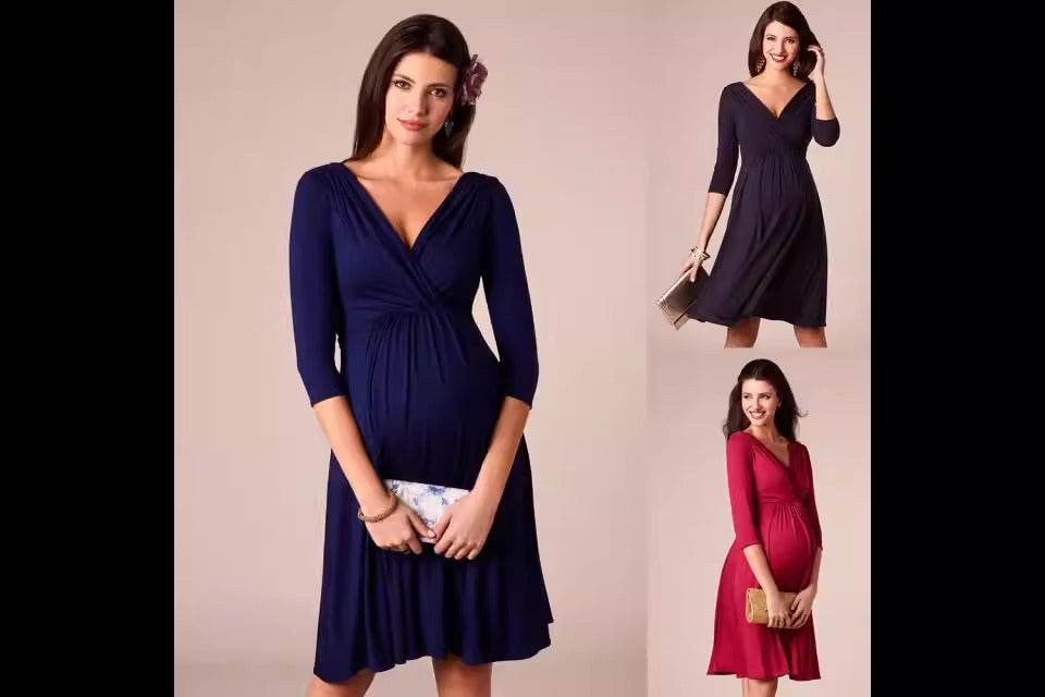 European and American pleated deep V-neck fashionable party evening dress, maternity dress, breastfeeding dress