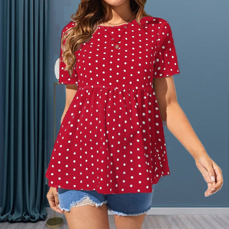 Fashionable and comfortable polka dot short sleeved round neck maternity shirt