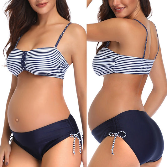 Women's Sexy Suspender Split Strap Printed Stripe Maternity Swimsuit