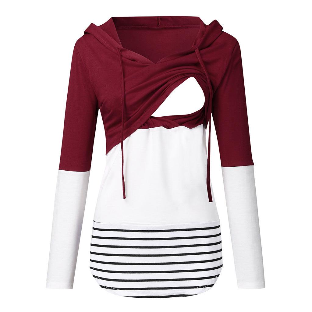 Maternity Autumn and Winter Colorblock Long Sleeve Hooded Nursing Jacket