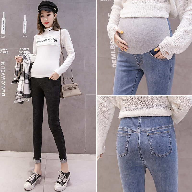 Pregnant women's denim cropped pants, pregnant women's underbelly jeans, casual leggings for external wear, maternity clothing