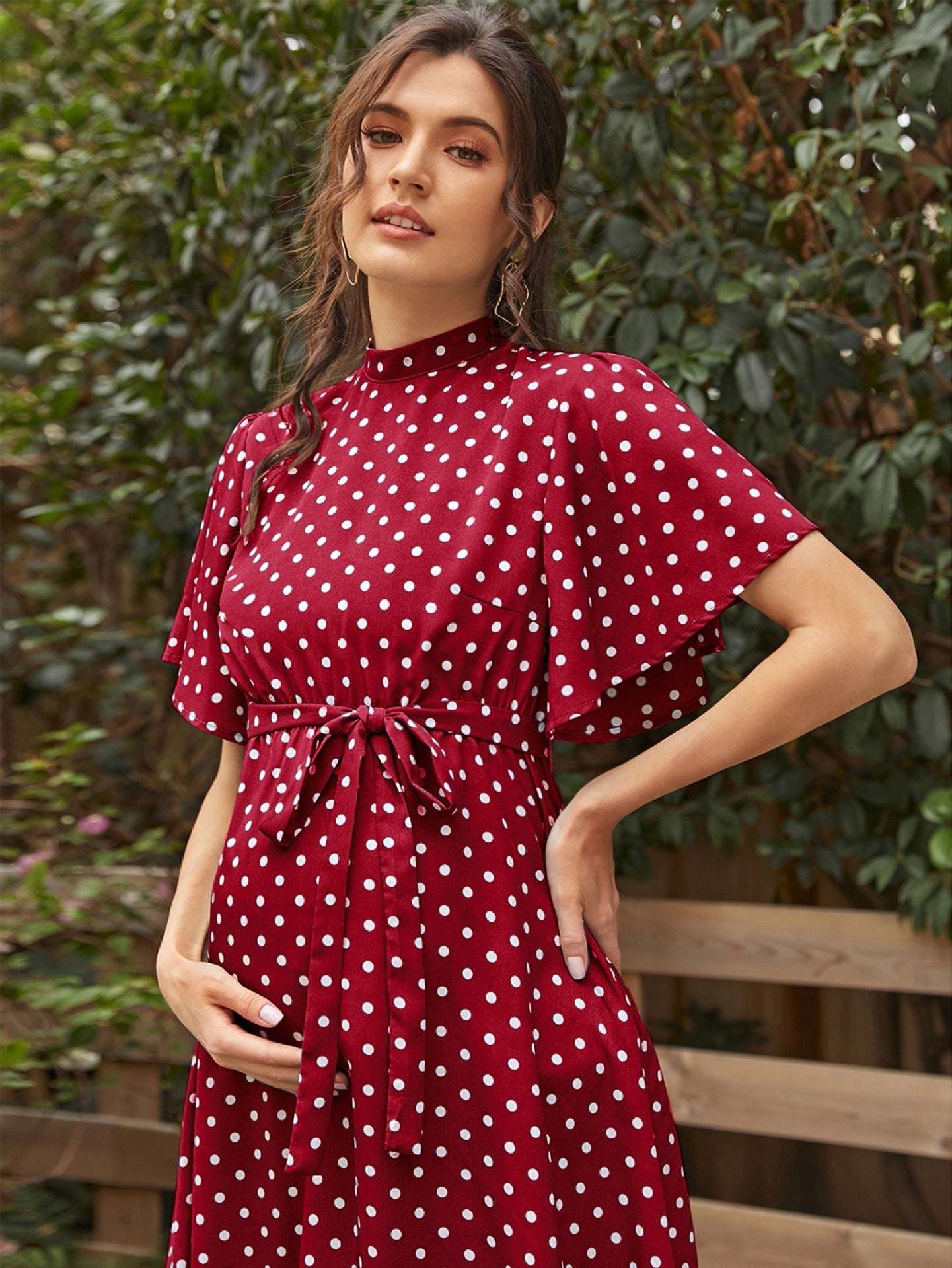 Fashionable and comfortable short sleeved polka dot chiffon maternity dress with straps