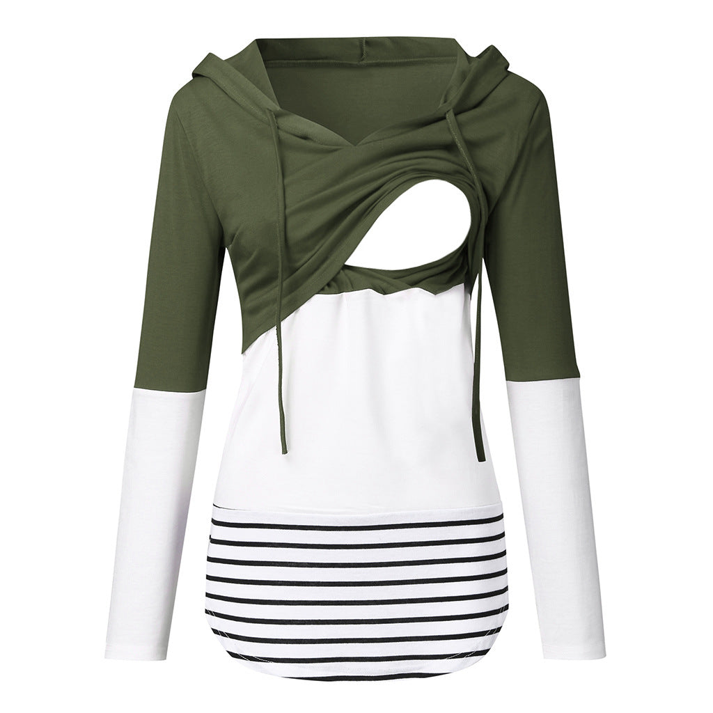 Maternity Autumn and Winter Colorblock Long Sleeve Hooded Nursing Jacket