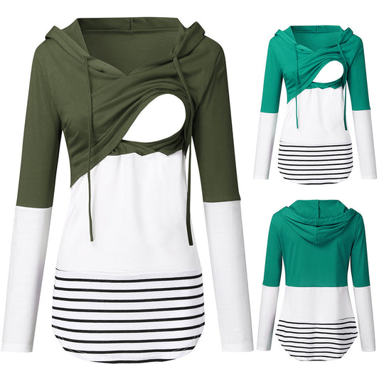 Maternity Autumn and Winter Colorblock Long Sleeve Hooded Nursing Jacket