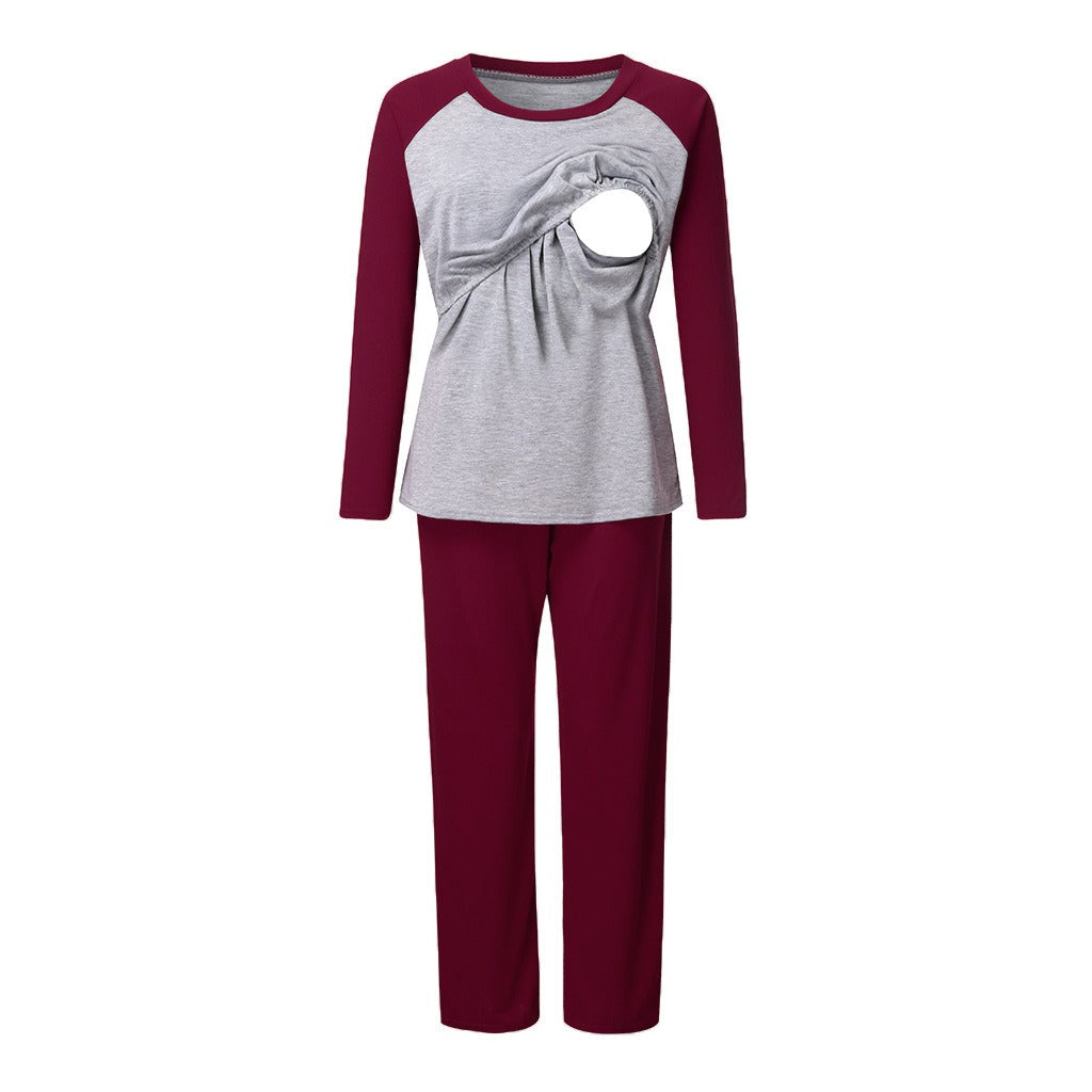 European and American soft and comfortable color matching maternity home clothing, nursing long sleeved pants set