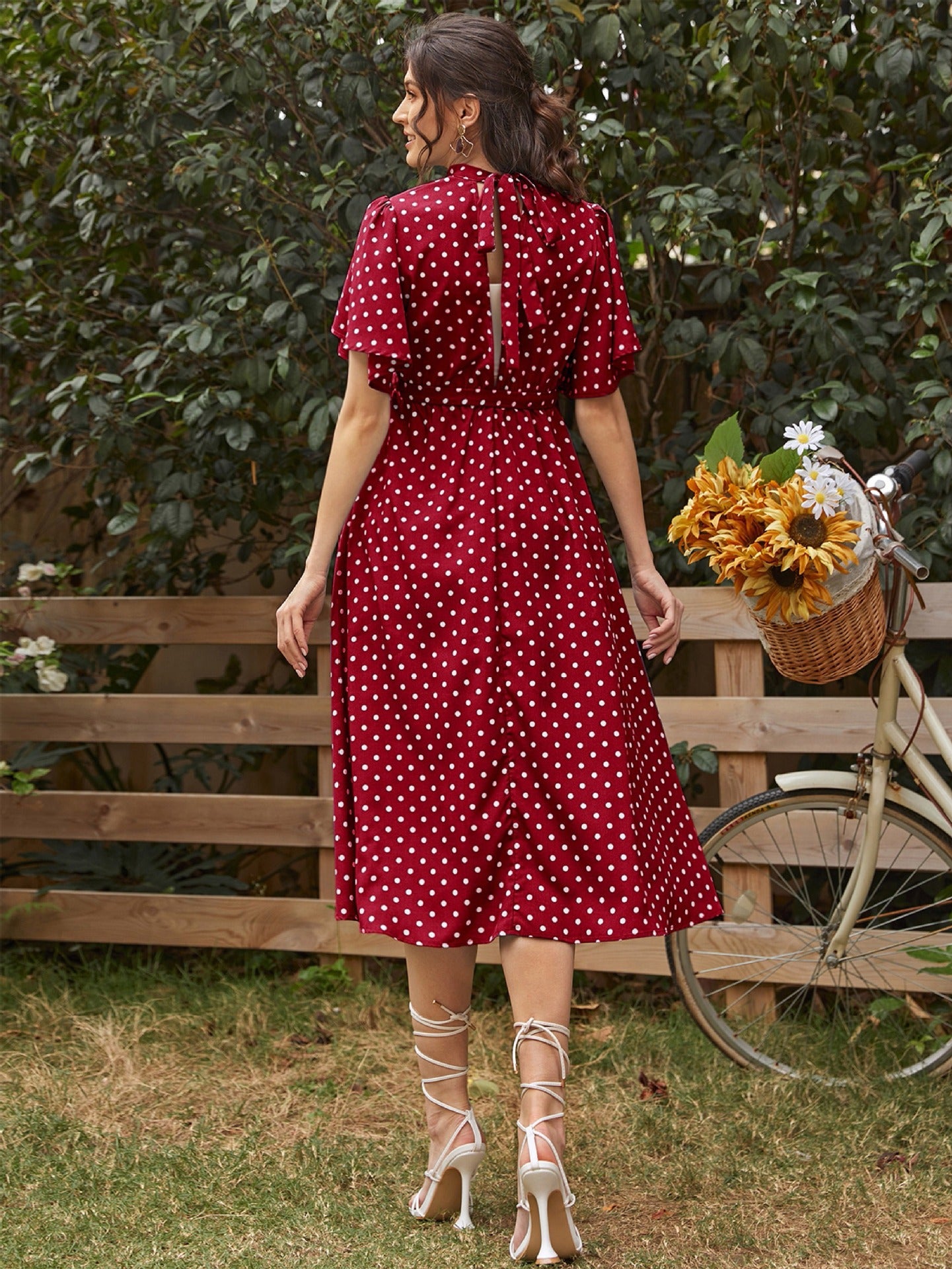 Fashionable and comfortable short sleeved polka dot chiffon maternity dress with straps