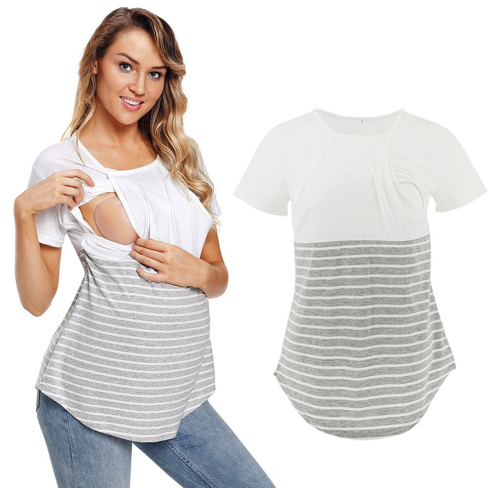 European and American fashion round neck short sleeved breastfeeding T-shirt with striped patchwork parent-child maternity wear