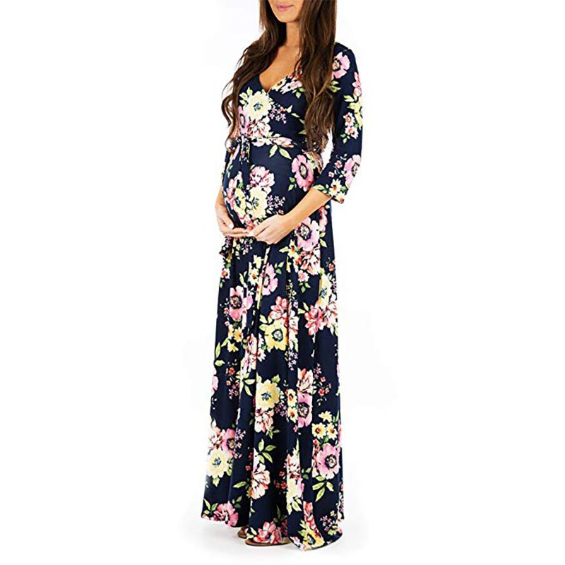 Cross deep V-neck waistband, waist cinched, 3/4 sleeves, floor mopping maternity dress, long dress